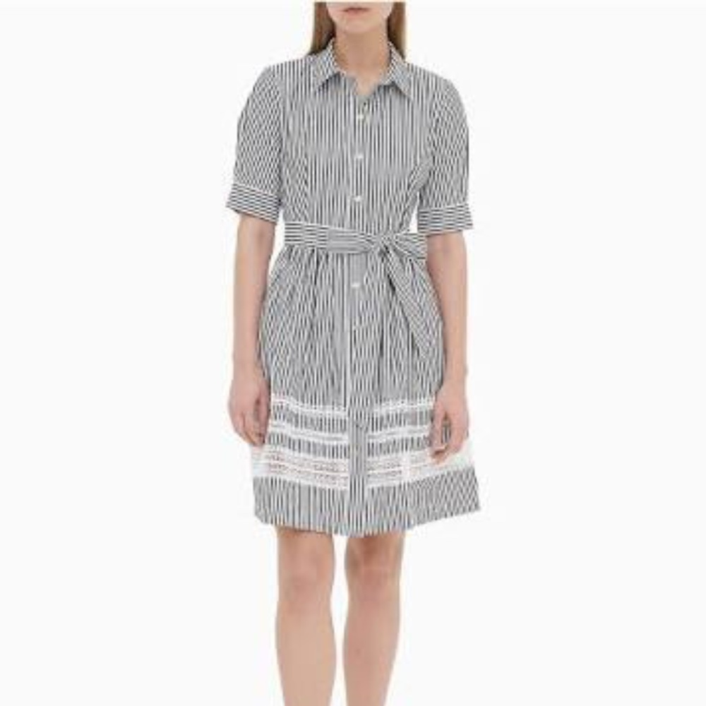 Calvin Klein Striped Bow Sleeve Belt Dress. NWT